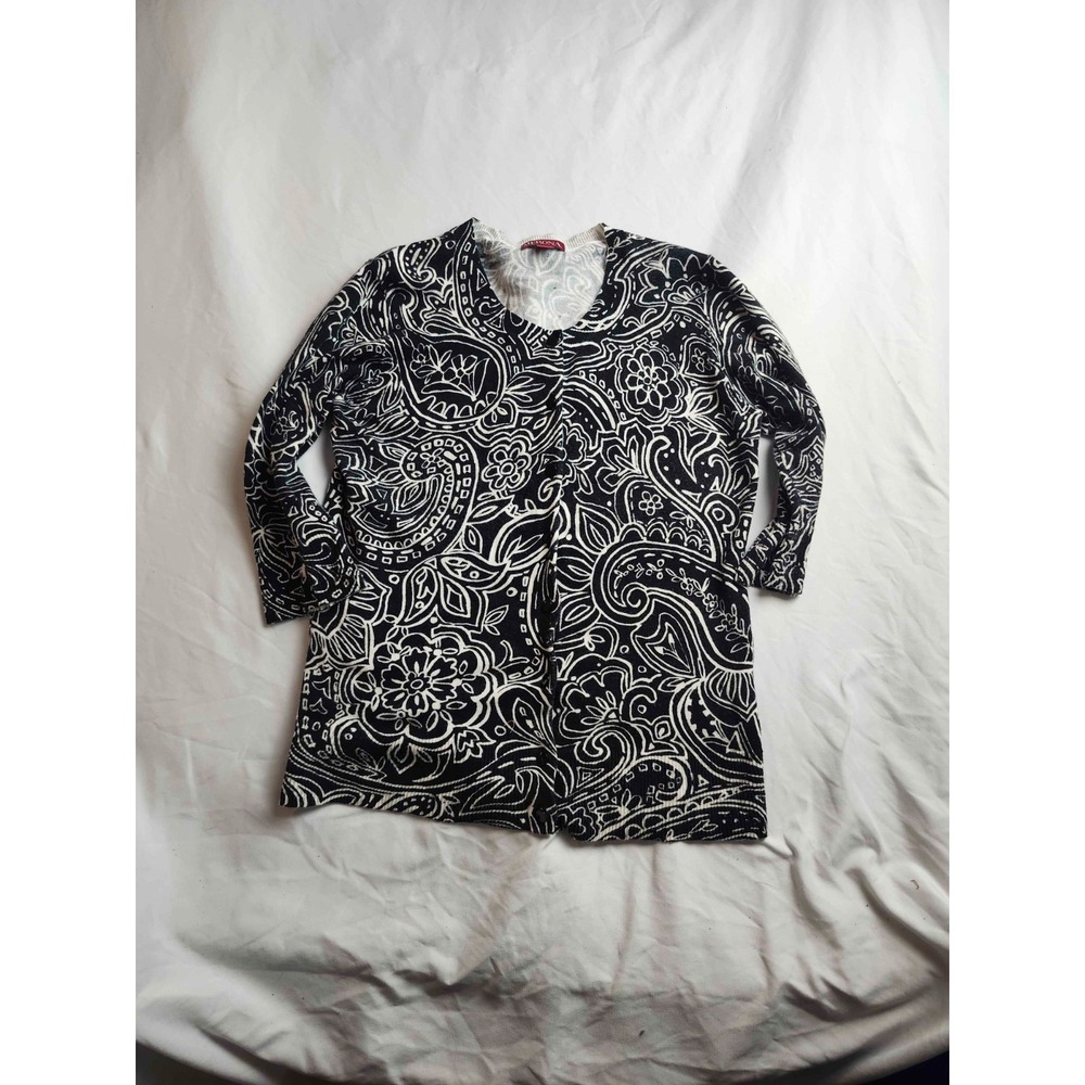 Merona Sweater Womens M Black Paisley Floral Knit V-Neck Pullover Long Sleeve